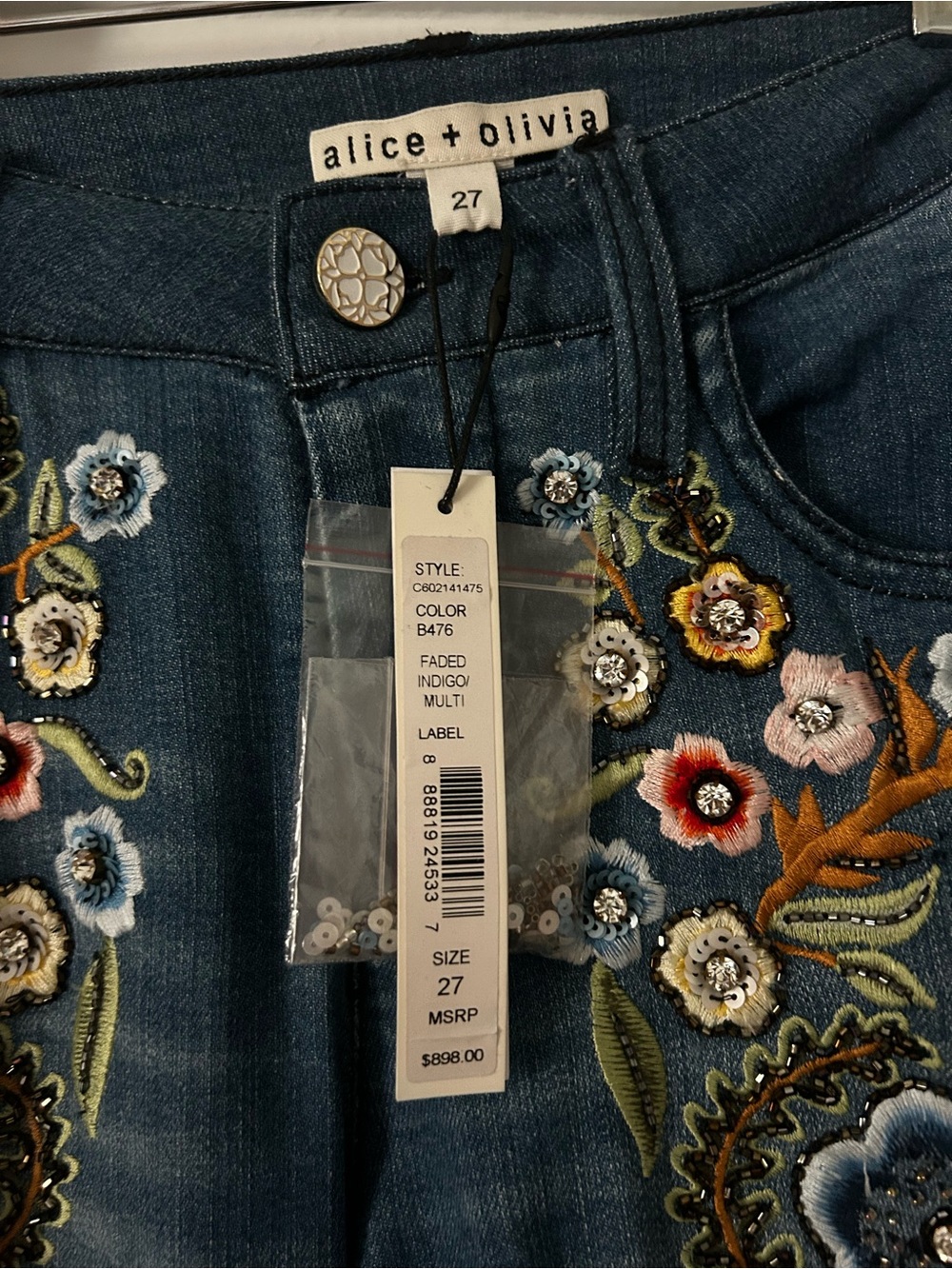 Alice + Olivia Blue Embroidered Flare Jeans with Multicolor Floral Detail - Picture 3 of 5